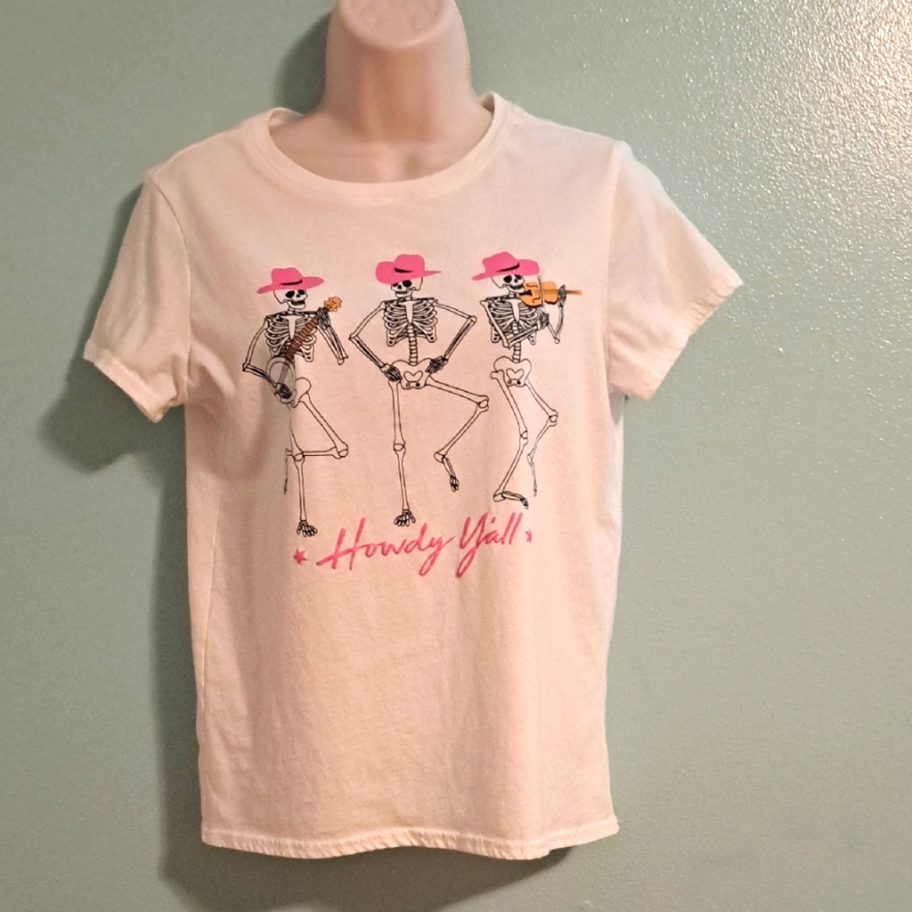 Wound Up Dancing Skeletons Tee Shirt 7-9 White Pink